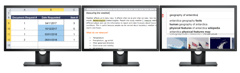 Das Bild zeigt den Einsatz von Vergr&ouml;&szlig;erungssoftware mit drei Monitoren.